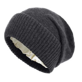 Cashmere Blend Satin Lined Beanie Hat Wool Winter Hats for Women Men Cuffed Hat Silk Lining Slouchy Beanie Women Knit Hat (US, Alpha, One Size, Grey)