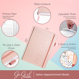 GoGirl Salon Appointment Book – Reservation Book for Beauty Salons, Spas, Hair Stylists, Estheticians – Appt Booking Planner, 18x25.5cm (Rose Gold)