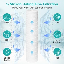 20 x 4.5 Inch 5 Micron String Wound Sediment Water Filter Cartridge, SimPure Whole House Sediment Well Water Filter Replacement, Fits DB20P DB20P-3 (4 Pack)