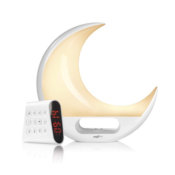 MAXXMEE Vital Alarm Clock Easy Sleep & Wakeup Sunrise & Sunset Simulation for Waking Up and Falling Asleep Colours, Melodies, Natural Sounds and Radio Mood Light, Reading Lamp [Touch] White