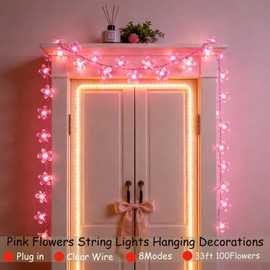 33ft 100 LED Connectable Fairy Pink Flower String Lights 8 Modes for Valentine's Day Wedding Party Christms Decor, Light Up Romantic Bedroom Window Tree Home Indoor Outdoor Hanging Decorations