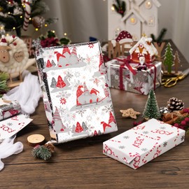 Flyhill Christmas Reversible Wrapping Paper Roll-17in X 33ft(46.8 sqft)-Metallic Foil Shine Red and Gray Gnomes & Christmas Trees Patterns with Joy letterings,Snowflake,Candy Canes for Birthday,Party