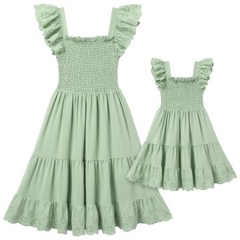 AWIBMK Mommy and Me Dress Boho Summer Casual Holiday Mother Daughter Matching Ruffle Sleeve A-line Tiered Smocked Dress Green M