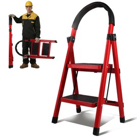 WAWINY 2 Step Ladder Folding, Step Stools for Adults with Wide Anti-Slip Pedals, Curved Cushioned Handrail and Safe-Lock Design, Heavy Duty Portable Multi-Purpose Ladders for Home, Kitchen, Household