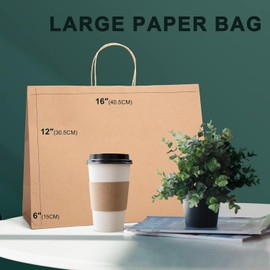 METRONIC Large Paper Bags With Handles 16x6x12 200pc, Brown Shopping Gift Bags Bulk for Small Business, Groceries, Merchandise