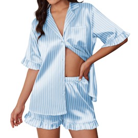 Ekouaer Silk Pajamas for Women 2 Piece Button Down Satin Pjs Shorts Set Ruffle Sleepwear,Blue White Stripes,L