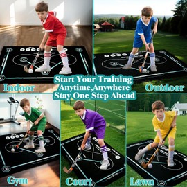 Nereusfwater Hockey Training Mat 59"x34.6", Indoor/Outdoor Use, Anti-Slip Quiet Rubber Surface, Skill Practice with Precision Markings, Roll-Up Design for All Ages (Rubber, Black & Blue Design)