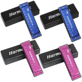 UPINS Harmonica, 4PCS Key of C 10 Hole 10 Tones Titanium Color Harmonica with Case for Beginner Students (Pink, Blue)