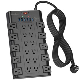 Extension Cord 10 Ft, SUPERDANNY Power Strip Surge Protector with 6 USB Charging Ports and 22 AC Outlets, 1875W/15A, 2100 Joules, Flat Plug Power Outlet for Home, Office, Dorm, Gaming Room, Black
