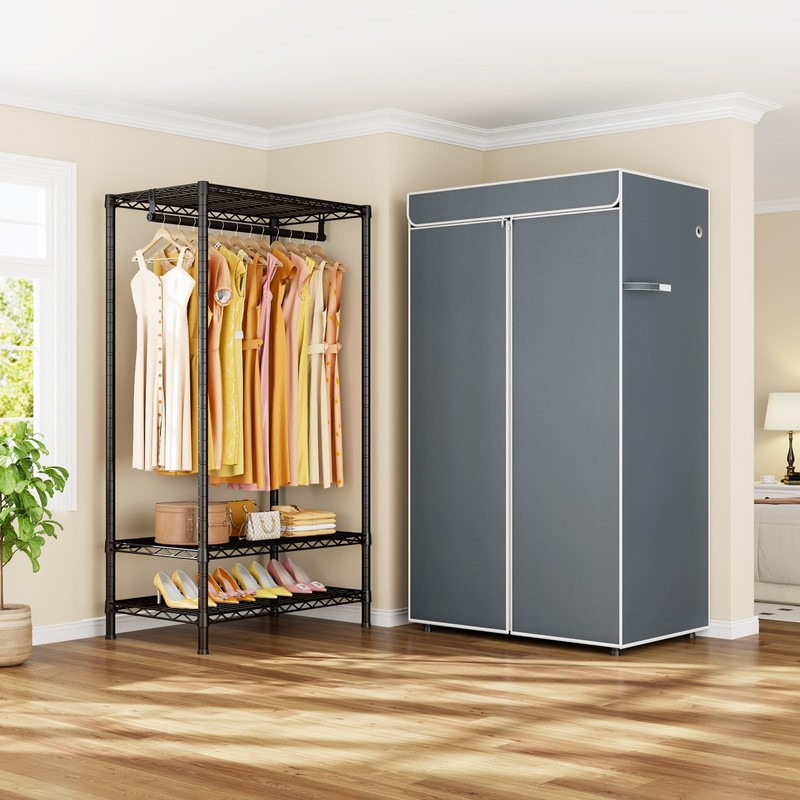 ULIFHOME H5C Clothes Rack with Cover, Portable Closet for Hanging