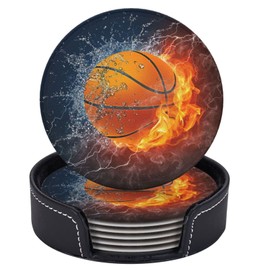 Niukom 6 Pcs 3D Funny Basketball Leather Coasters for Drinks with Holder Coaster Sets Drink Table Cup Coasters for Living Room Kitchen Coffee Decor