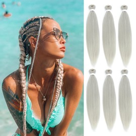 20 Inch Pre Stretched Braiding Hair，6 Packs Soft Yaki Texture EZ Braid for Box Braids Hot Water Setting Synthetic Fiber Hair Extensions（Silver）