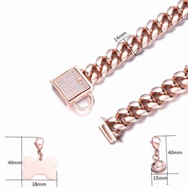 RUMYPET Rose Gold Chain Dog Collar 10MM/14MM Cuban Link Dog Collar Chew Proof Stainless Steel Chain Collar for Small Medium Large Dogs 10-26Inch(14mm,14inch)