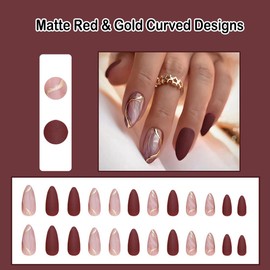 ANDGING Matte Red Pink Press on Nails Short Almond Glue on Nails for Women Medium Fake Nails with Gold Curved Designs Manicure Gel Stick on Nails Acrylic Artificial False Nails for Wedding