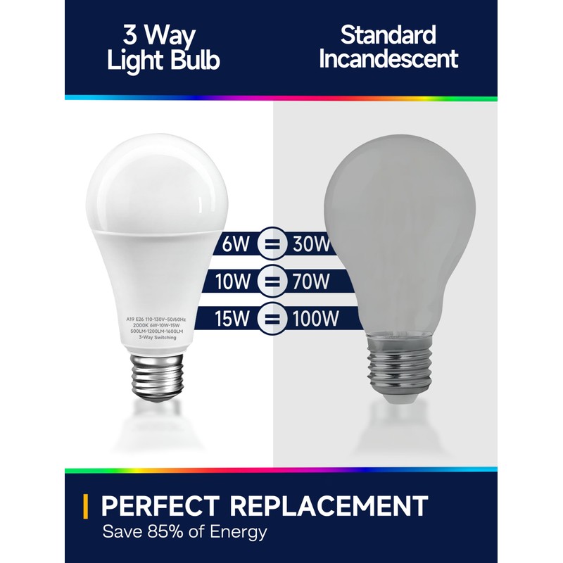 3 Way Light Bulbs 30 70 100W Equivalent, A19 Three