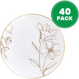 [6'' Plates 40 Count] White Plastic Floral Design Party Plates With Gold Rim Premium heavyweight Elegant Disposable Tableware Dishes