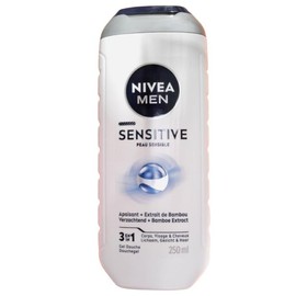 NIVEA MEN Sensitive 3-in-1 Shower Gel (1 x 250 ml), Men's Shower Gel for Sensitive Skin, Mild Cleanser for Body, Hair and Face, Shower Soap with Bamboo Extract