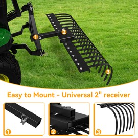 YINTATECH Tow Behind Landscape Rake,48in Tractor Rake with 2" Receiver for ATV UTV,17 Spring Steel Tine,Lawn Dethatcher Rake Attachments for Leaves,Debris,Grass,Powder Coated Surface,Alloy Steel,Black