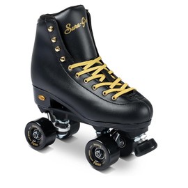Sure-Grip Fame Black & Gold Unisex Indoor Roller Skates - Vegan Boot with Microfiber Lining - Offers Rock Nylon Plate & Aluminum Trucks - Matching 57mm Fame Black Indoor Wheels - Ideal for Beginners