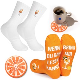 Pluvyze 2 Paar Aperol Socken Aperol Spritz Socken Geburtstag Weihnachten Neujahr Karneval Geschenk Mit Strohhalm und Untersetzer Aus Silikon (Zufälliger Stil)