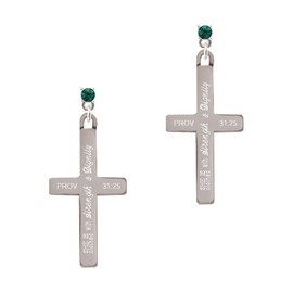 Delight Jewelry Stainless Steel Proverbs 31:25 - She is Clothed Engraved Cross - Green Crystal Post Earrings