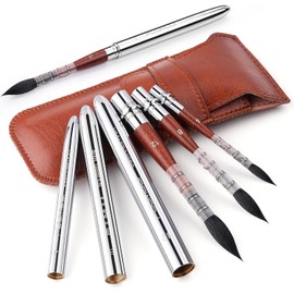 Travel Watercolour Brush - 3 Professional Natural Squirrel Hair Travel Brush with Leather Case for Watercolours, High Colour Carrying Capacity and Excellent Bounce Real Hair Travel Brush