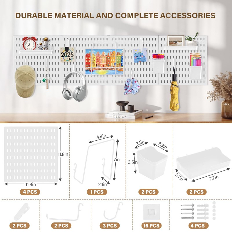 AKTOP Peg Board Wall Organizer 4-Pack – 12"x12" White Pegboard