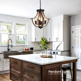 LAMPKEDUO Farmhouse Hanging Pendant Lighting, 4-Light Rustic Flush Mount Ceiling Light Fixture,Modern Faux Wood Vintage Chandelier for Dining Room Kitchen Island Foyer Hallway Entryway Bedroom