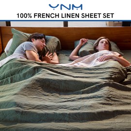 YnM French Linen Sheet Set - Cozy, Skin-Friendly, and Eco-Friendly Pure French Linen Sheets Collection, 4-Piece Set Includes Flat Sheet, Fitted Sheet, and 2 Pillowcases – California King, Army Green
