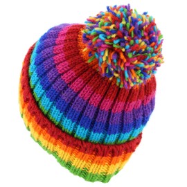 LOUDelephant Hand Knitted Wool Beanie Bobble Hat - Stripe Bright Rainbow