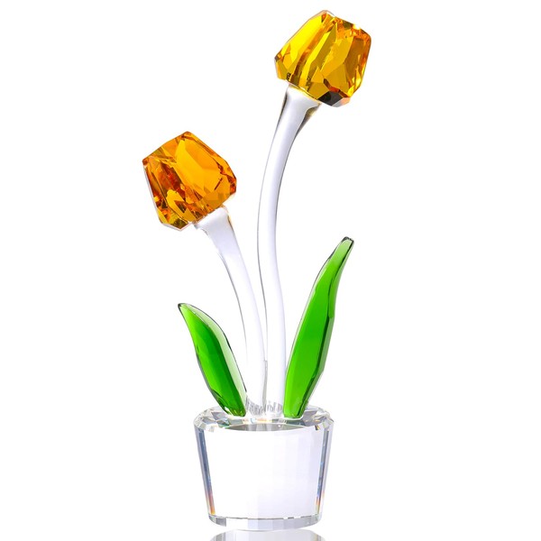 Enjinkail Crystal Yellow Tulips Flower Figurines Glass Tulips Bouquet Vase