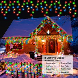 cyindzchwy 300 LED Christmas Icicle Lights Outdoor, 8-Mode Solar Icicle Lights Led Fairy Curtain Lights for Wedding Party Holiday Christmas Decorations(Multicolor)