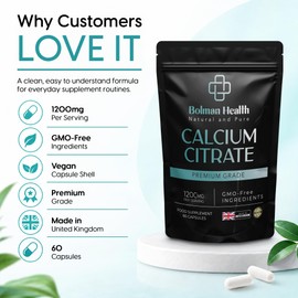 Calcium Citrate 1200mg Capsules | 300mg Elemental Calcium | High Strength Calcium Supplement | Bone & Teeth Support | Vegan | Non GMO | Gluten Free | 60 Capsules | UK Made | Mineral Supplement