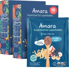 Amara Organic Baby Food | Oats and Berries | Baby Cereal to Mix With Breastmilk, Water, or Baby Formula | Baby Food Pouches, Made from Organic Fruit and Veggies | Stage 2 | 10 Pouches
