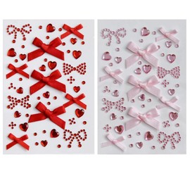 Heart & Bow Face Gem Stickers Kit - 2 Sheets Self-Adhesive Rhinestone Stickers for Face, Body, Nails, DIY Crafts (Red/Pink), Eco-Friendly ABS Acrylic Sparkling Jewelry for Parties, Concerts
