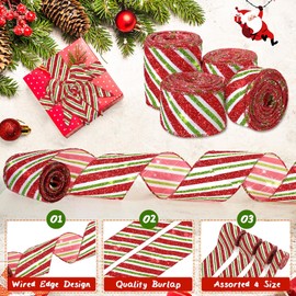 4 Rolls 24 Yards Christmas Candy Cane Wired Ribbons 1.0 Inch 1.5 Inch 2.0 Inch 2.5 Inch Glitter Dot Stripe Craft Ribbons Decorative Wrapping Ribbon for Christmas Tree Home (Red, White, Green,Stripe)