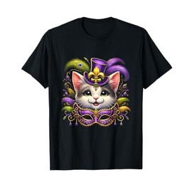 Mardi Gras Cat With Mask Farm Animal Cat Carnival Festival T-Shirt for Men Women Kids
