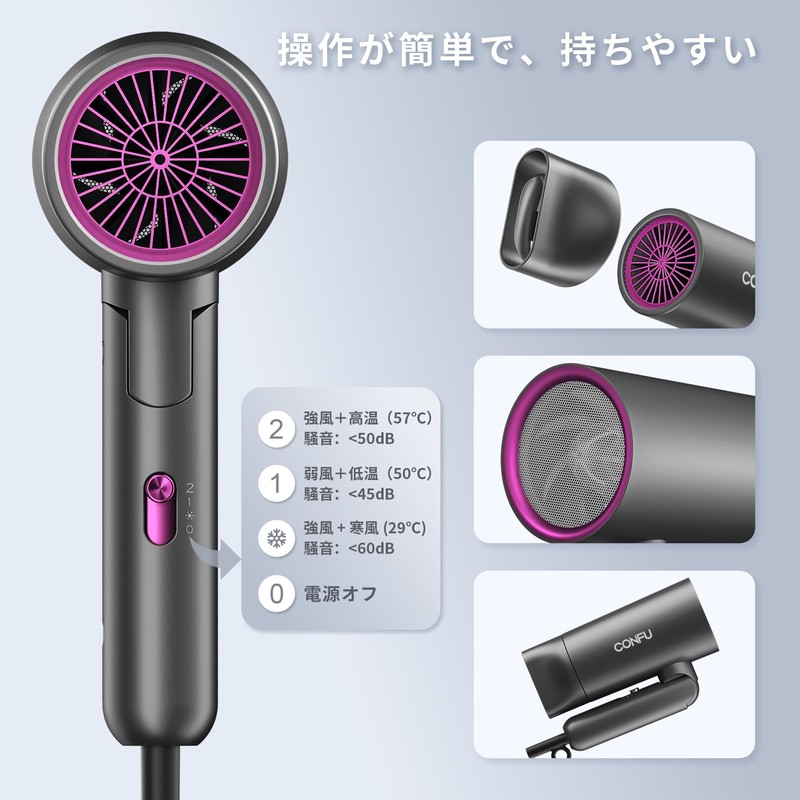 CONFU Hair Dryer, 1200 W, Foldable, Large Airflow, Quick Drying,