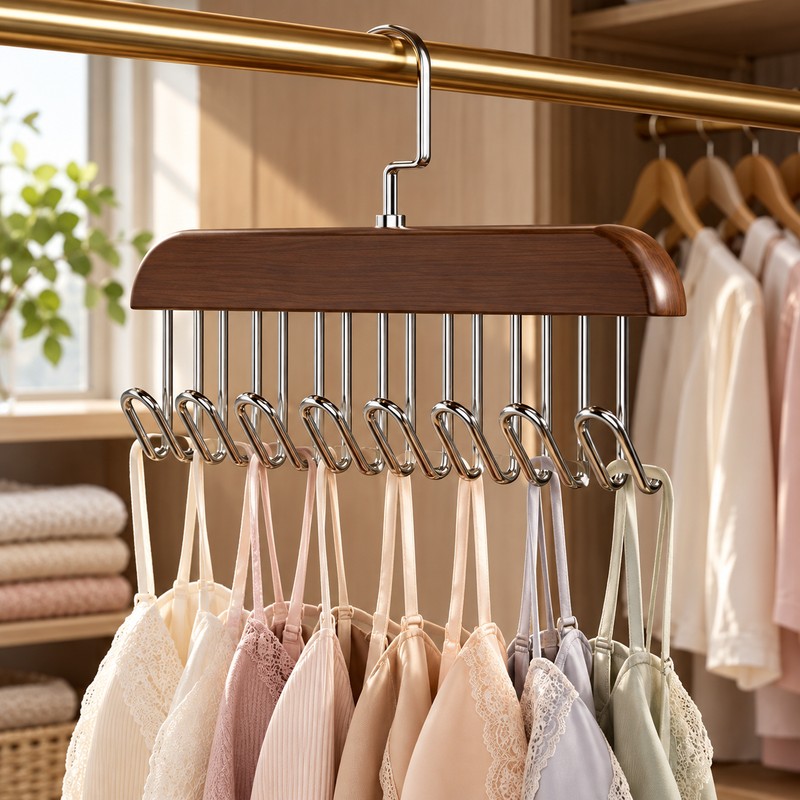 Wooden Multi-Hook Hanger for Bras, Tank Tops & Camisoles –