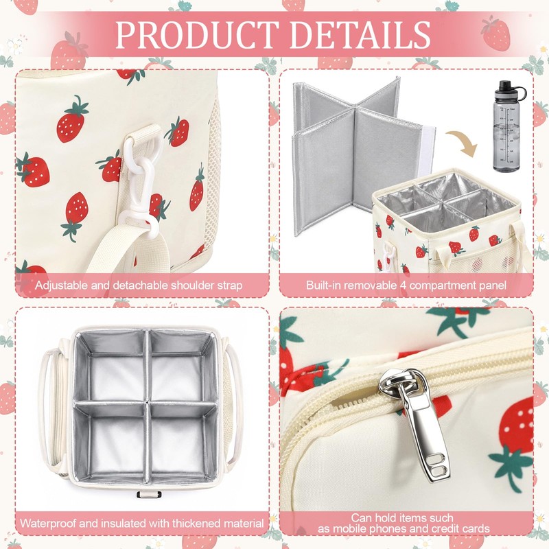 4 Compartments Drink Carrier Bag with Strap,Strawberry,Beige