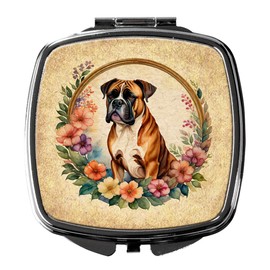 Caroline's Treasures Boxer and Flowers Compact Mirror Decorative Travel Makeup Mirror for Women Girls Gifts Pocket Makeup Mirror Folding Handheld