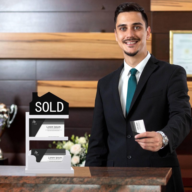 Real Estate Business Card Holder Wooden House Shape Display, Black
