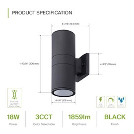 ASD 2 Light LED Exterior Lighting Fixtures - 18W 1900LM 3000K-5000K Outdoor Sconce Lights, Cylinder Up Down Black Modern Outdoor Wall Light, Waterproof Patio Wall Light Fixture, ETL 2 Pack
