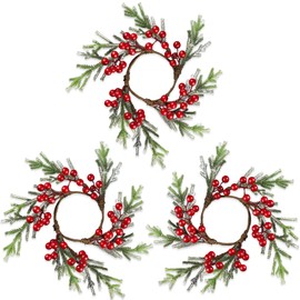 Rhytsing 3 Artificial Christmas Cedar Candle Rings with Red Berries for Pillar Candles, Christmas Wreath for Candlestick Holders, Table Centerpiece, and Dining Table, Inner Diameter: 3.5"
