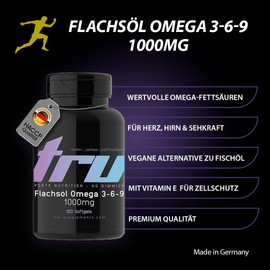 TRU Sports Nutrition | Flachsöl Omega 3-6-9-120 Softgels - 2000mg Flachsöl pro Tag - enthält EPA, DHA und ALA - Hochdosiert | Herstellung & Laborprüfung in Deutschland