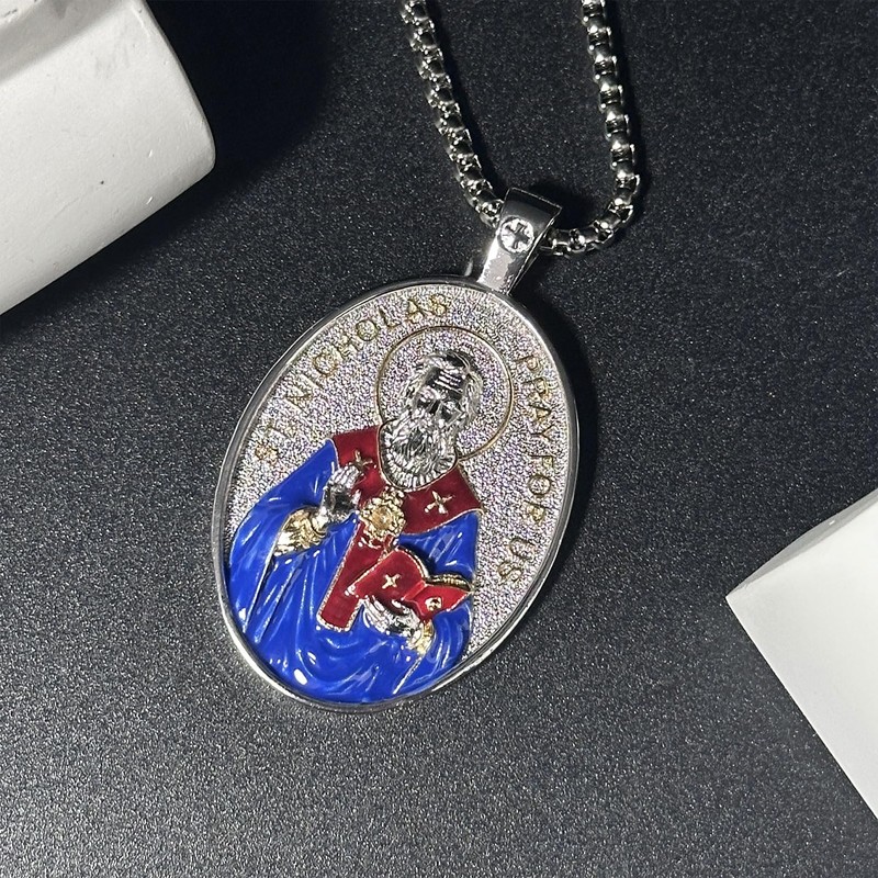 OigvcoTe St Nicholas Necklace Catholic Medal Pendant Enamel for Adults