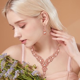 Clearine Wedding Jewellery Set Drop Rhinestone Cluster Statement Necklace and Earrings Set Costume Jewellery for Women Clear Silver Tone, Crystal, No Gemstone