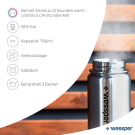 Wessper Stainless Steel Water Bottle, 700 ml, BPA-Free Water Bottle with 3 Lids for Water, Coffee and Tea, Leak-Proof Thermal Bottle for Sports, Gym, Hiking, Bike, Office