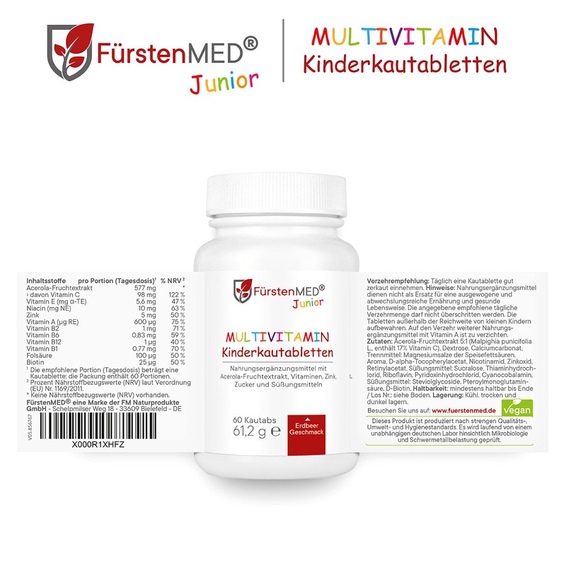 Fürstenmed Multivitamin Chewable Tablets Strawberry – Children Vitamins – No Additives – Natural – Vegan – Made in Germany, ,