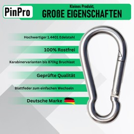 PinPro A4 Stainless Steel Carabiner, 50 x 5 mm, Pack of 10, 390 kg Breaking Load, Rustproof Niro AISI 316 Fire Brigade Carabiner with Leaf Spring